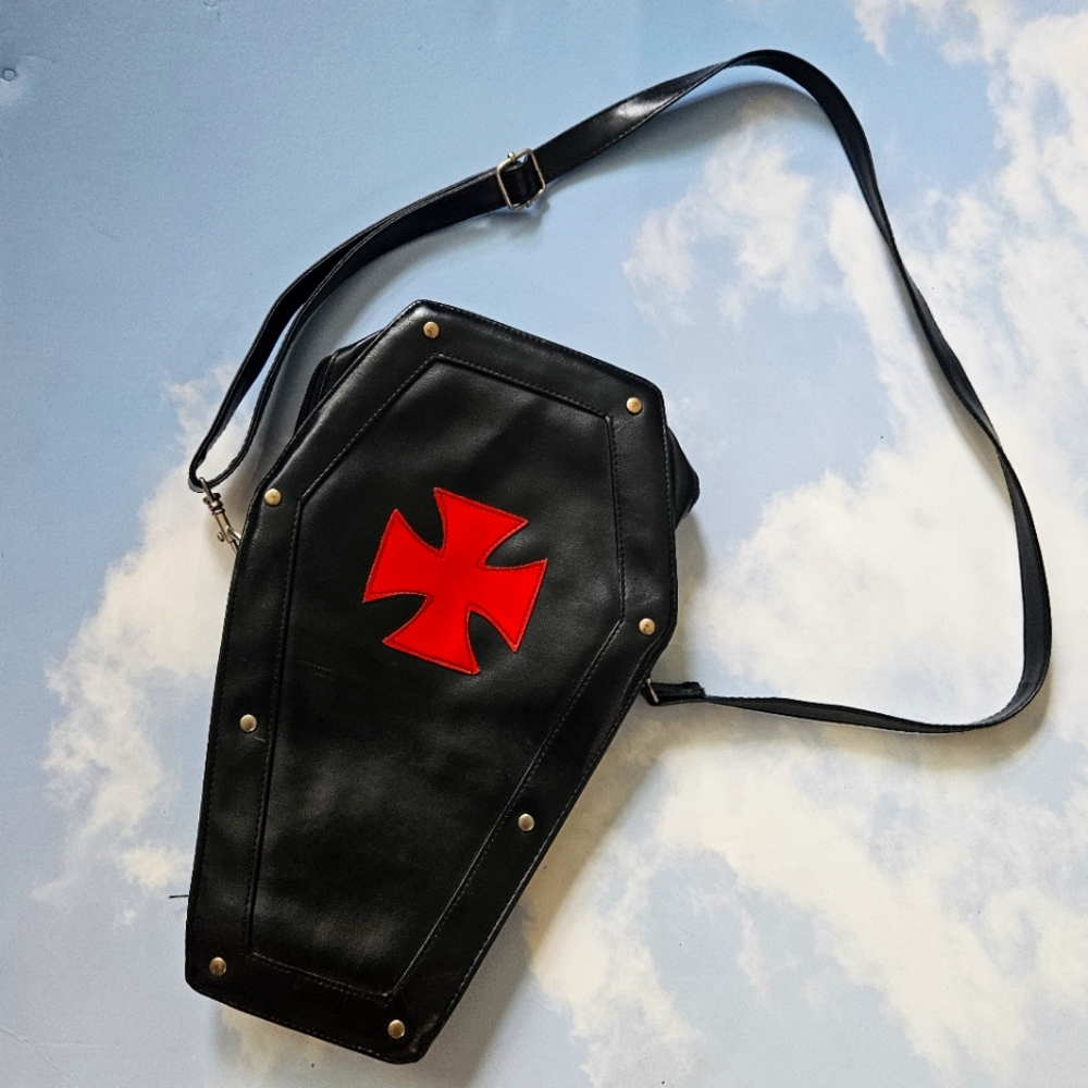 Vintage 90s Black Coffin Crossbody Bag with Red Cross True 90s Rare Hard To Find